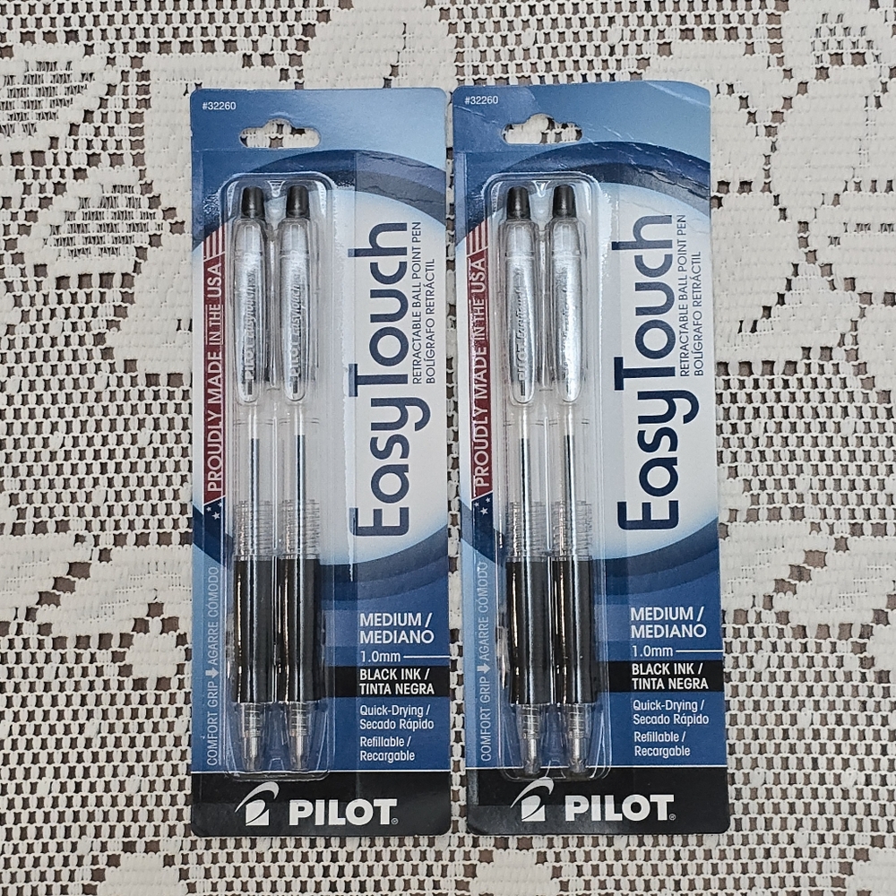 NEW 2pk Pilot Easy Touch Retractable Black Ink Ball Point Pens 4ct Medium 1.0mm